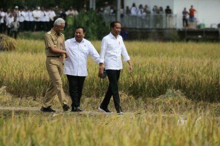 Akrabnya Prabowo Gandeng Jokowi dan Ganjar di Tengah Sawah saat Panen Raya Padi Kebumen