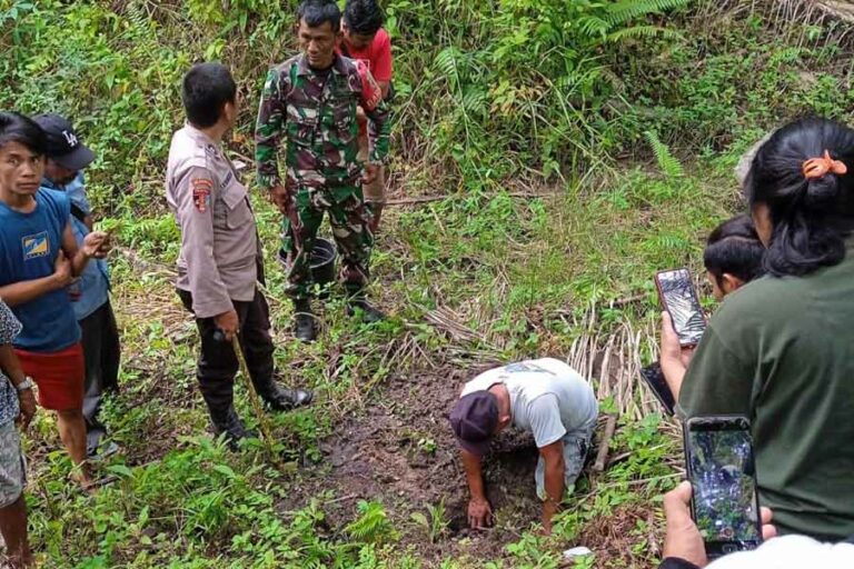 Panik, Wanita Warga Simalungun ini Nekat Kubur Bayi hasil Hubungan Gelap di Kebun Sawit Petugas dan warga sedang menggali tempat penguburan bayi diduga hasil hubungan gelap yang kemudian dibunuh ibu kandungnya (foto: Dok Humas Polres Simalungun)