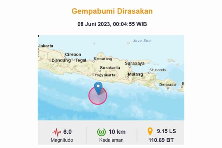 Gempa Bumi Tektonik Magnitudo 6,0 di Selatan Jawa, BMKG: Tidak Berpotensi Tsunami Info gempa BMKG, 8 Juni 2023. Pusat gempa berada di laut 117 kilometer barat daya Pacitan.