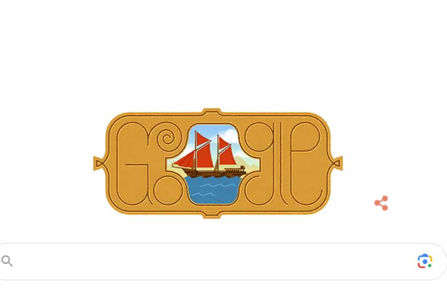 Tangkapan layar halaman depan Google.com hari ini. Google Doodle menampilkan gambar kapal pinisi yang sedang berlayar di lautan.