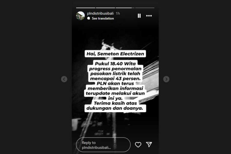Listrik Bali Mulai Pulih Setelah Blackout Massal, PLN Masih Lakukan Investigasi Tangkapan layar pesan PLN UID Bali di akun instagram