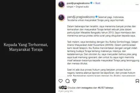 Pandji Pragiwaksono Minta Maaf ke Masyarakat Toraja, Akui Leluconnya Bersifat Ignoran Tangkapan layar unggahan Pandji Pragiwaksono, permintaan maaf kepada masyarakat Toraja (sumber: instagram @pandji.pragiwaksono)