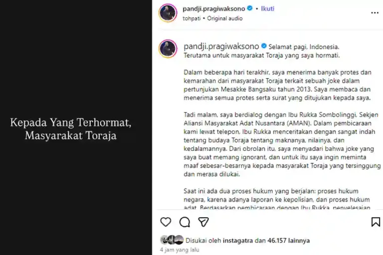 Pandji Pragiwaksono Minta Maaf ke Masyarakat Toraja, Akui Leluconnya Bersifat Ignoran Tangkapan layar unggahan Pandji Pragiwaksono, permintaan maaf kepada masyarakat Toraja (sumber: instagram @pandji.pragiwaksono)