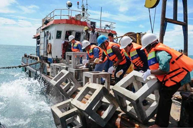 Dukung Pelestarian Laut, PT Timah Tebar 46 Rumah Ikan di Perairan Belo Laut