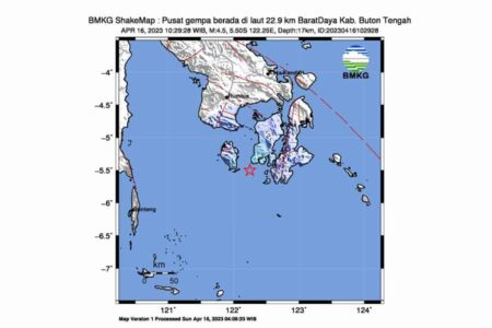 Peta lokasi gempabumi magnitudo 4,5 di Kabupaten Buton