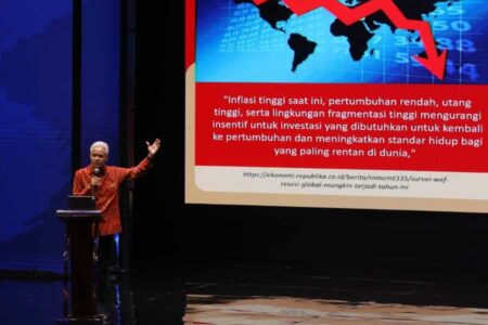 Ganjar Pranowo saat diundang jadi pembicara MNC Forum LXX (70th) bertajuk Globalisasi, Peluang dan Tantangan Bagi Indonesia ke Depan di Jakarta Concert Hall iNews Tower lantai 14, Senin (29/5/2023)
