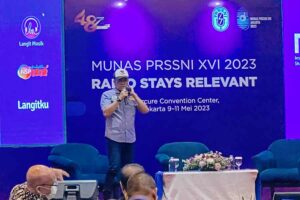 VP Digital Music Nuon Digital Indonesia Adib Hidayat memberikan sambutan dalam Munas PRSSNI XVI 2023 di Jakarta