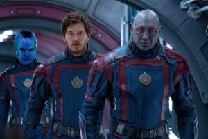 Karen Gillan, Chris Pratt, dan Dave Bautista dalam Guardians of the Galaxy Vol. 3 (2023)