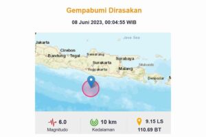 Info gempa BMKG, 8 Juni 2023. Pusat gempa berada di laut 117 kilometer barat daya Pacitan.