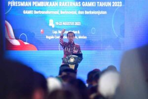 Presiden Jokowi saat memberikan sambutan Rakernas GAMKI di Kota Medan (foto: Dok BPMI Setpres)