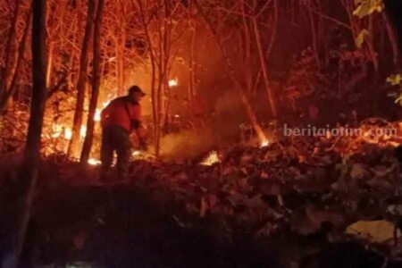 Petugas sedang berusaha memadamkan api di Gunung Bancak masuk Desa Garon Kecamatan Kawedanan Magetan, Jumat (8/9/2023) malam (foto: dok beritajatim.com)