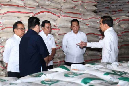 Presiden Joko Widodo saat meninjau ketersediaan stok cadangan beras pemerintah di gudang Badan Urusan Logistik (Bulog) Dramaga, Kabupaten Bogor, Provinsi Jawa Barat (foto: Dok BPMI Setpres)