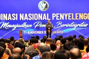 Presiden Jokowi saat membuka Rakornas Penyelenggara Pemilu Tahun 2023 di Hotel Grand Sahid Jaya, Jakarta, Rabu (08/11/2023). (foto: Dok Humas Setkab)