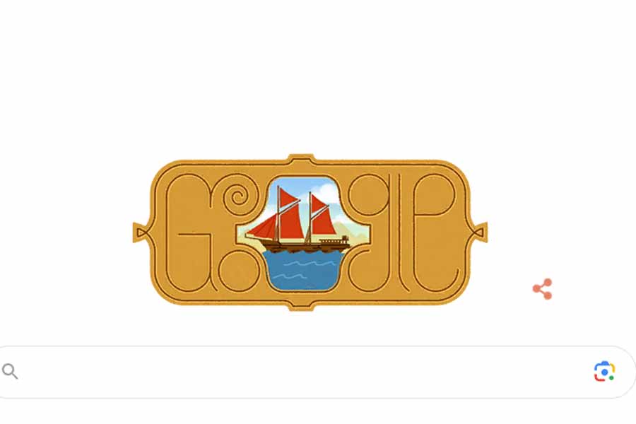 Tangkapan layar halaman depan Google.com hari ini. Google Doodle menampilkan gambar kapal pinisi yang sedang berlayar di lautan. 