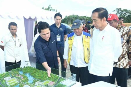Presiden Joko Widodo ketika meninjau progres pembangunan Training Center PSSI di IKN, Kabupaten Penajam Paser Utara, Kalimantan Timur (foto: Dok BPMI Setpres)