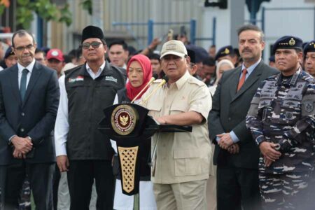 Prabowo Subianto saat memberikan sambutan di Dermaga Komando Lintas Laut Militer (Kolinlamil), Jakarta Utara