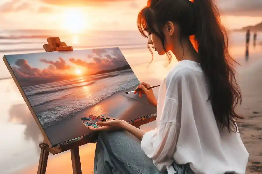 Ilustrasi melukis di tepi pantai