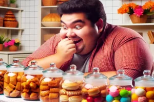 Ilustrasi seorang laki-laki antusias di depan toples makanan