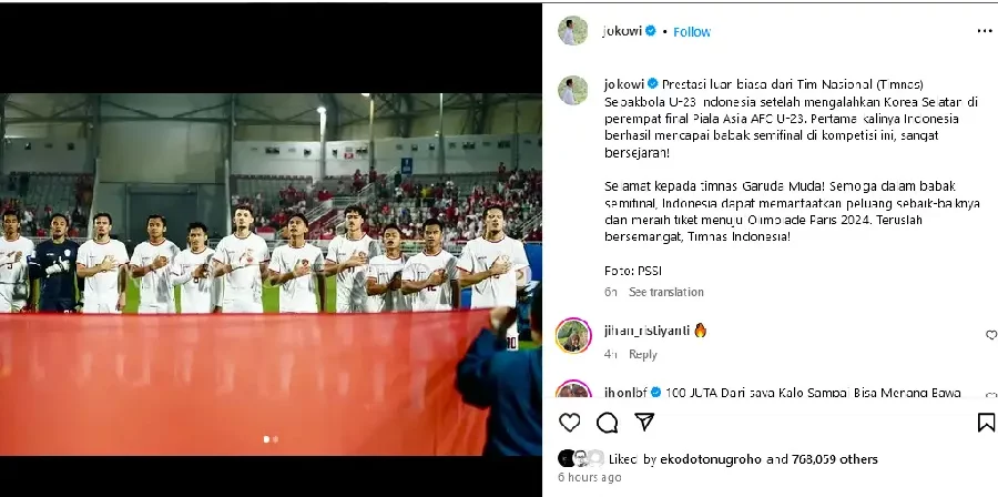 Tangkapan layar instagram resmi Presiden Joko Widodo