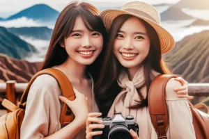 Ilustrasi warga jepang sedang menikmati tempat wisata di Indonesia