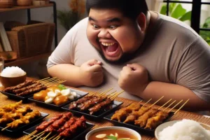 Ilustrasi seorang laki-laki antusias di depan makanan berlemak di atas meja