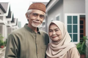 Ilustrasi pasangan lansia di depan sebuah rumah