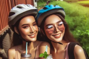 Tips Memilih Helm yang Tepat untuk Bersepeda, Jangan Asal Keren! Ilustrasi penggunaan helm saat santai usai bersepeda