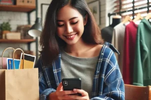 Ilustrasi seorang wanita sedang belanja online dengan ponsel