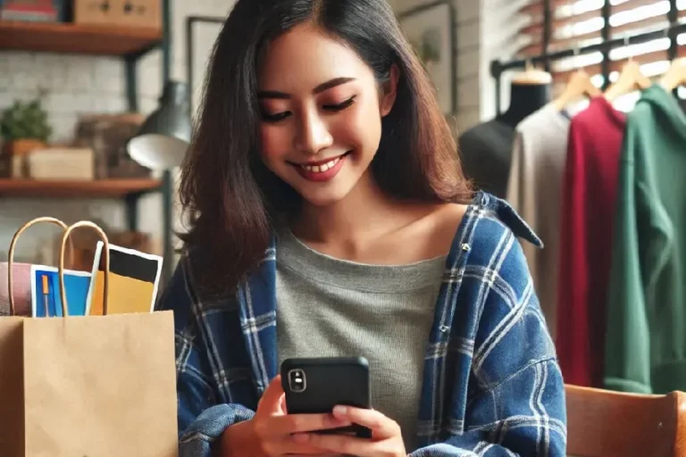 Ilustrasi seorang wanita sedang belanja online dengan ponsel
