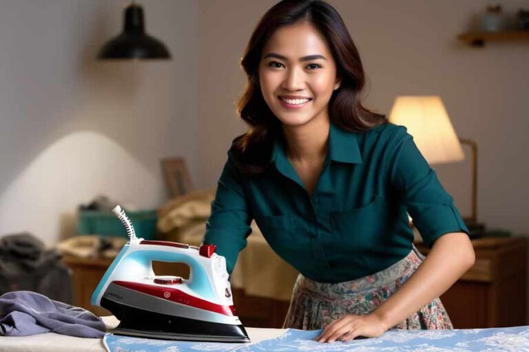 10 Tips Hemat Listrik di Rumah agar Tagihan PLN Tidak Membengkak Ilustrasi seorang wanita sedang menyetrika pakaian (foto: Generatif AI)