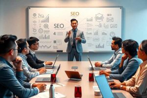 Ilustrasi tim sebuah perusahaan sedang membahas strategi SEO untuk web korporat (foto: Generatif AI)