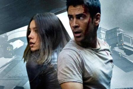 Jessica Biel dan Colin Farrell dalam Total Recall (2012)