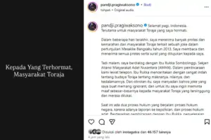 Pandji Pragiwaksono Minta Maaf ke Masyarakat Toraja, Akui Leluconnya Bersifat Ignoran Tangkapan layar unggahan Pandji Pragiwaksono, permintaan maaf kepada masyarakat Toraja (sumber: instagram @pandji.pragiwaksono)